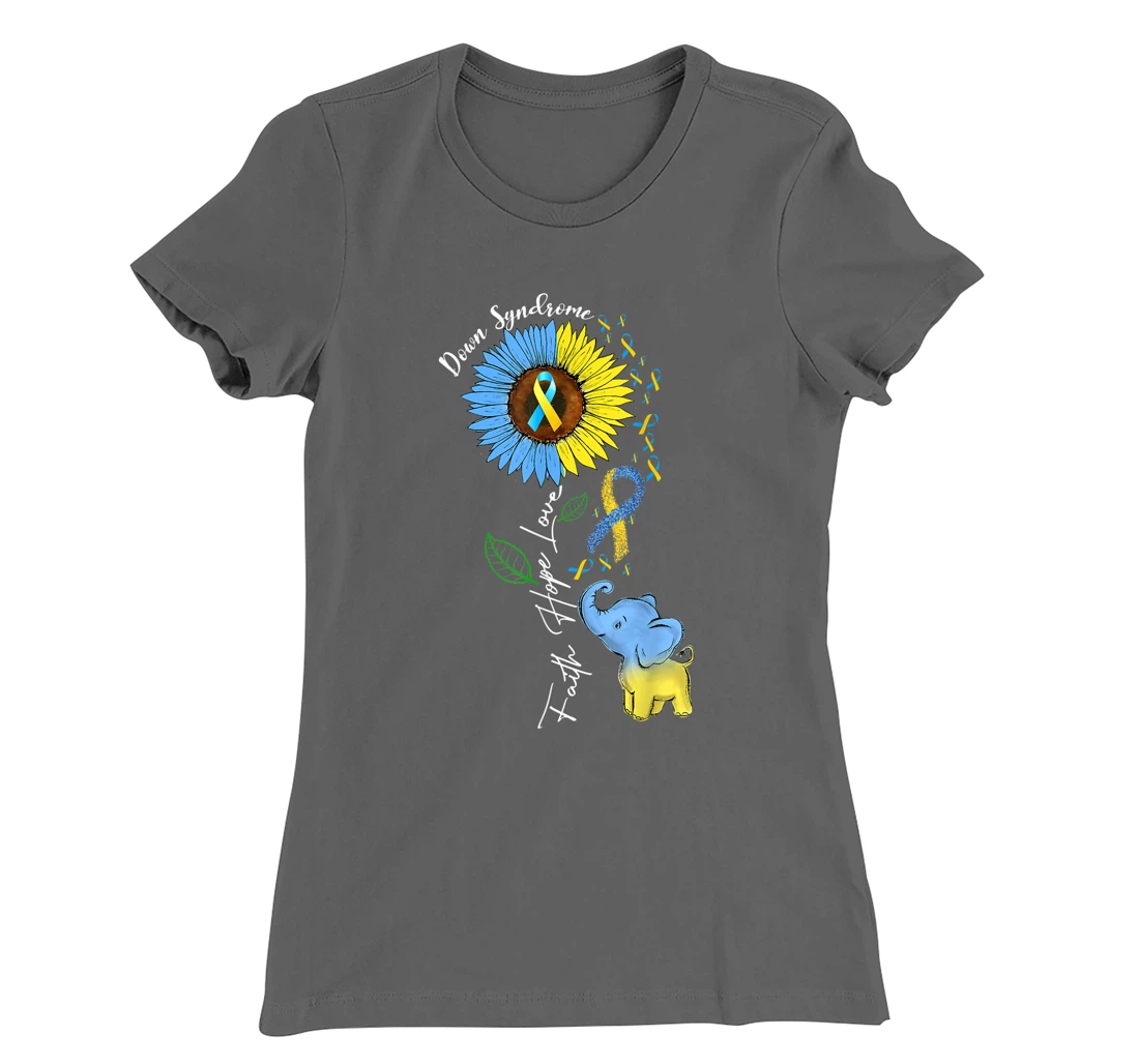 Faith Hope Love Down Syndrome Awareness Ribbon Yellow Blue T-Shirt, Women T-Shirt