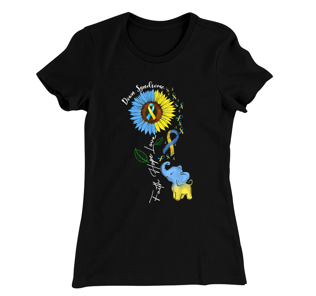 Faith Hope Love Down Syndrome Awareness Ribbon Yellow Blue T-Shirt, Women T-Shirt