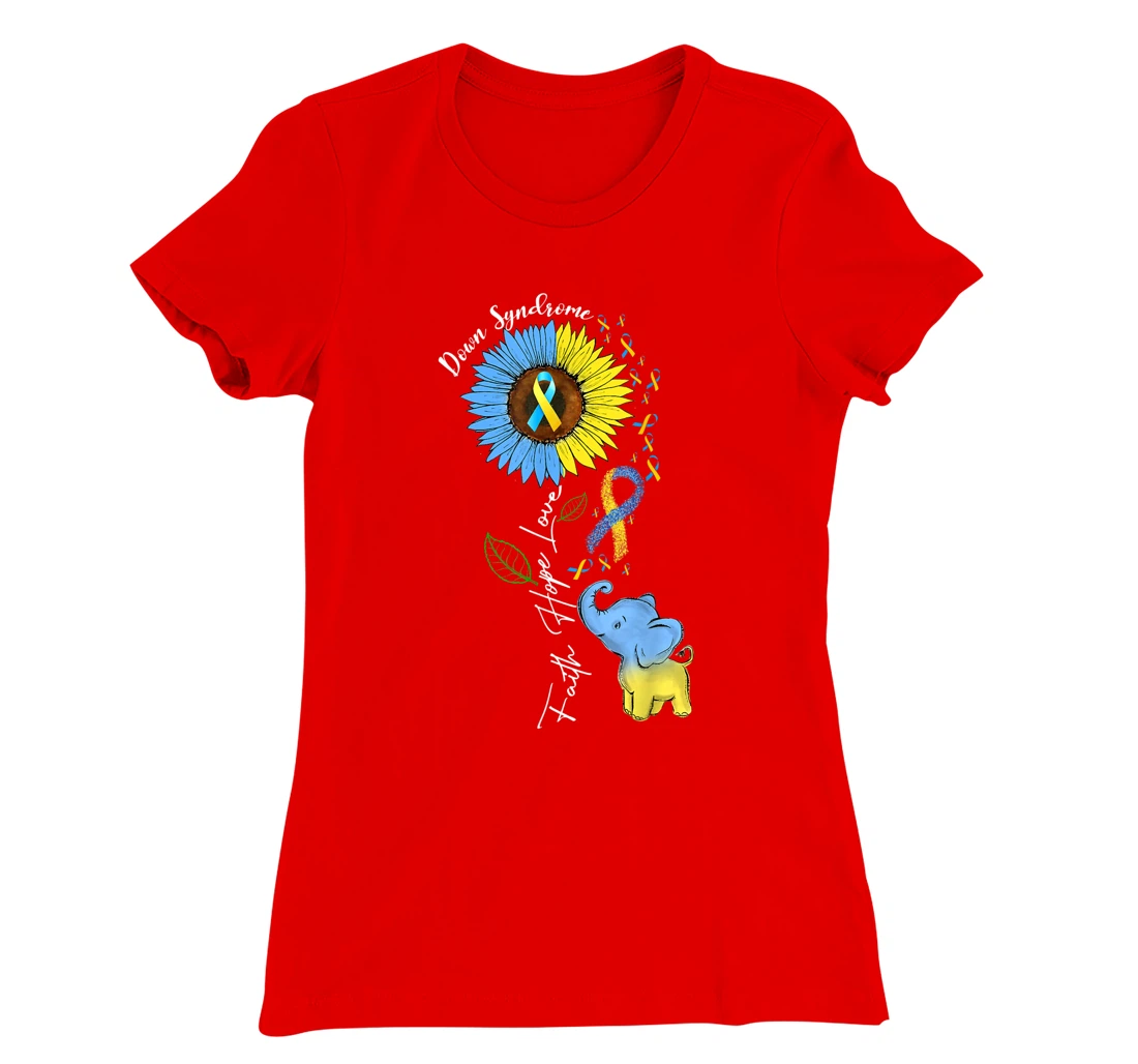 Faith Hope Love Down Syndrome Awareness Ribbon Yellow Blue T-Shirt, Women T-Shirt