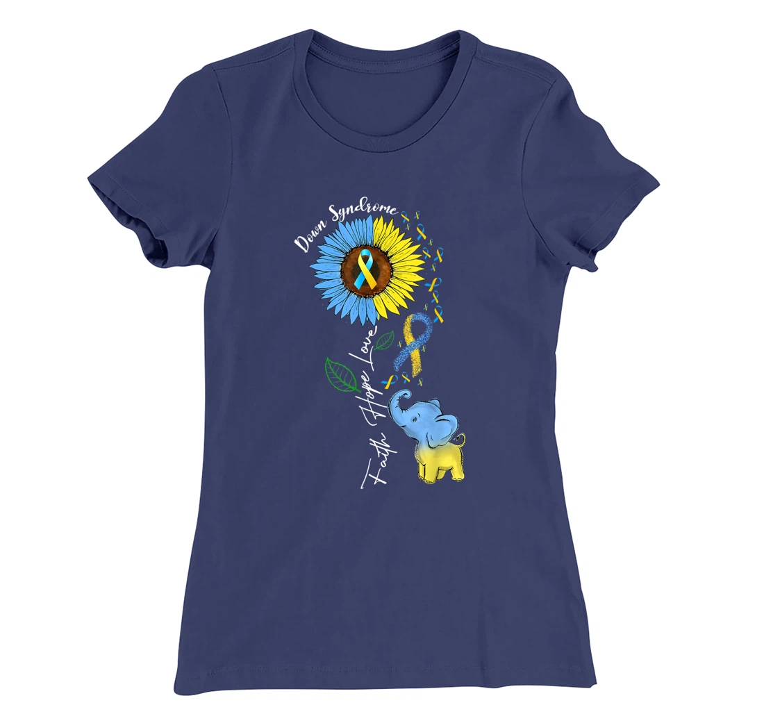 Faith Hope Love Down Syndrome Awareness Ribbon Yellow Blue T-Shirt, Women T-Shirt