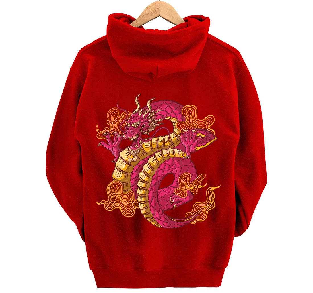 Cool Colorful Chinese Dragon Backside Pullover Hoodie