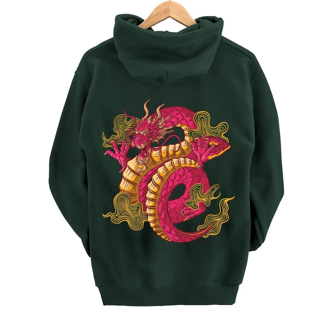 Cool Colorful Chinese Dragon Backside Pullover Hoodie