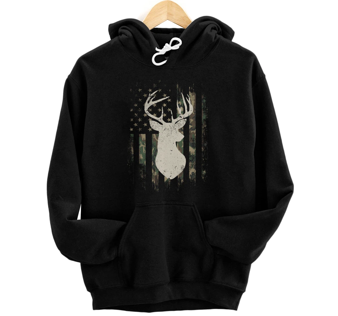 Buck Deer Hunting Camouflage Flag Hunter American Flag Back Pullover Hoodie