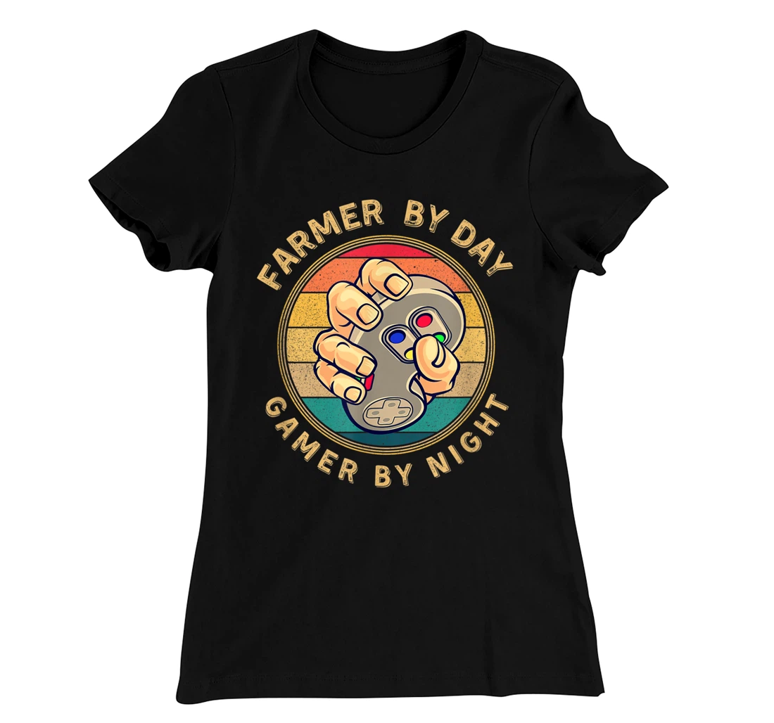 Farmer By Day Gamer By Night Retro Vintage Sunset Style T-Shirt, Women T-Shirt