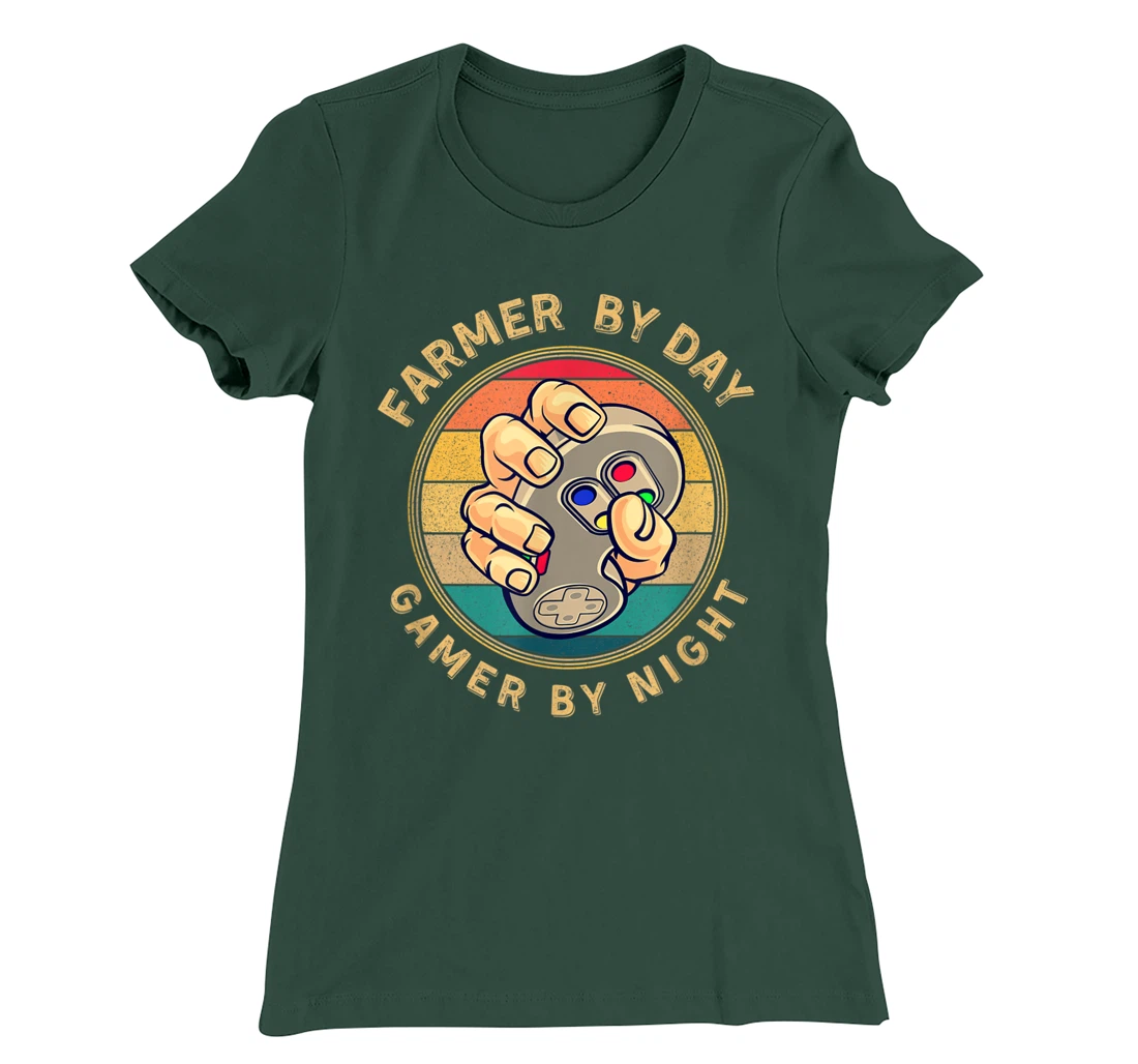 Farmer By Day Gamer By Night Retro Vintage Sunset Style T-Shirt, Women T-Shirt