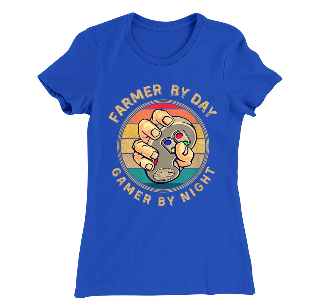 Farmer By Day Gamer By Night Retro Vintage Sunset Style T-Shirt, Women T-Shirt