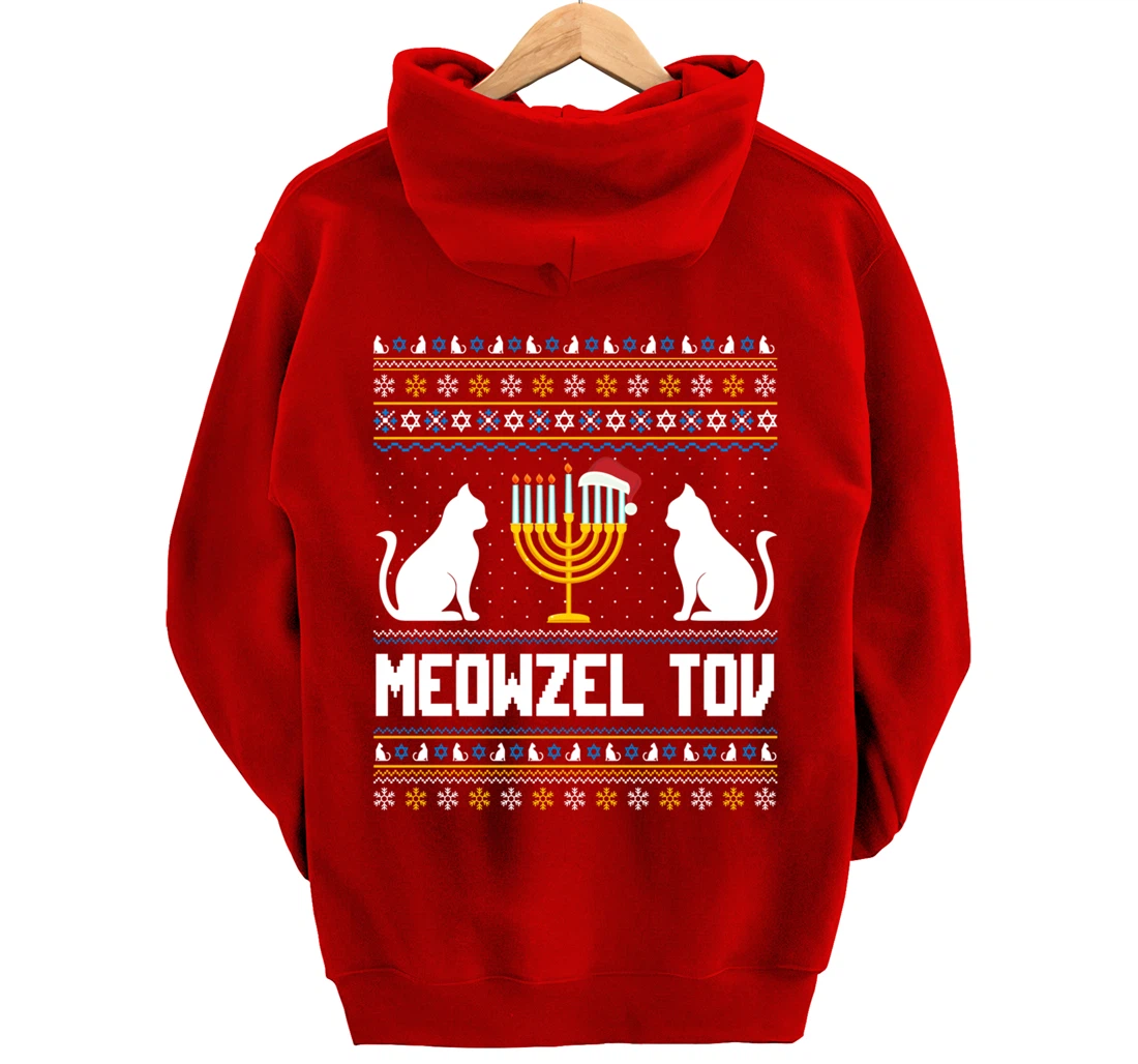 Funny Ugly Hanukkah Sweater Meowzel Tov Chanukah Jewish Cat Pullover Hoodie