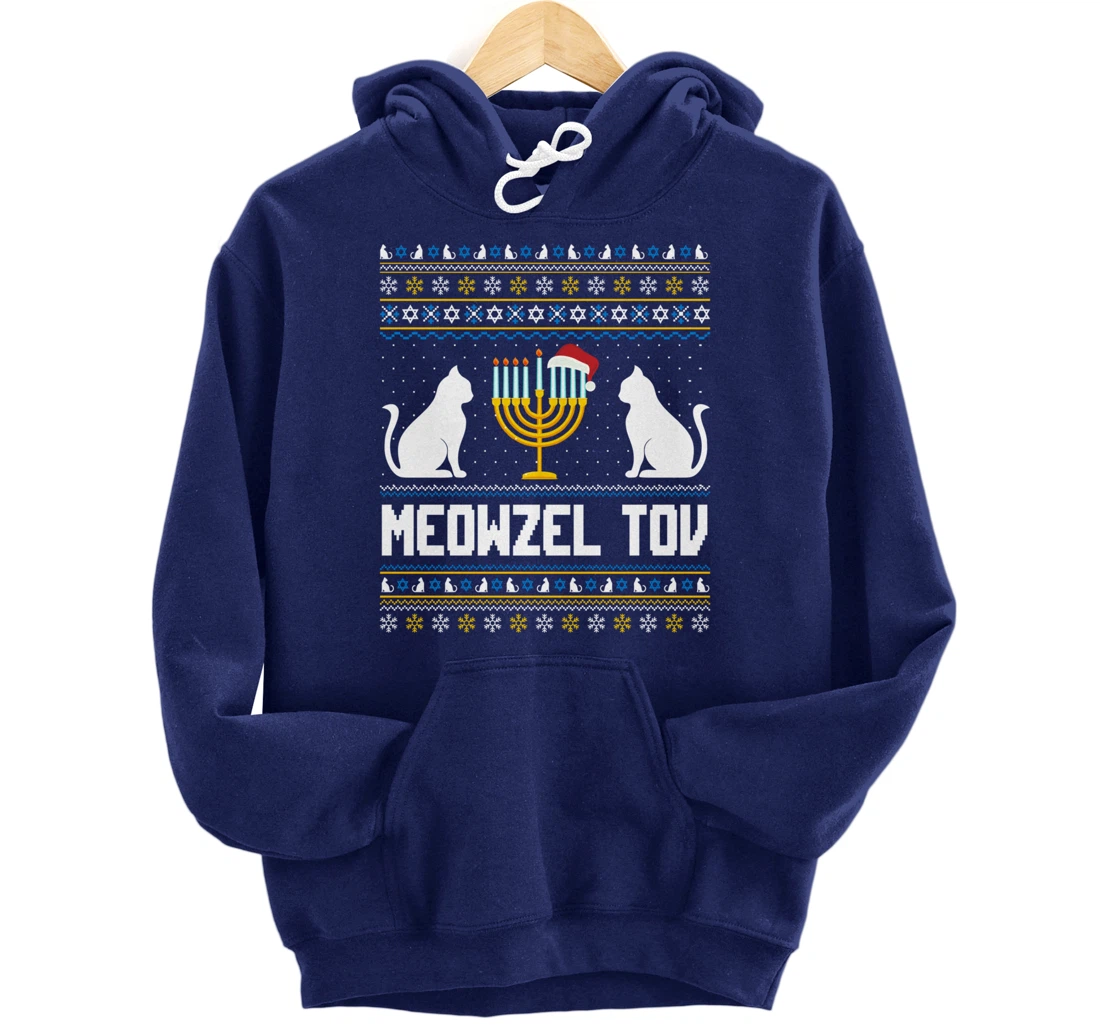 Funny Ugly Hanukkah Sweater Meowzel Tov Chanukah Jewish Cat Pullover Hoodie