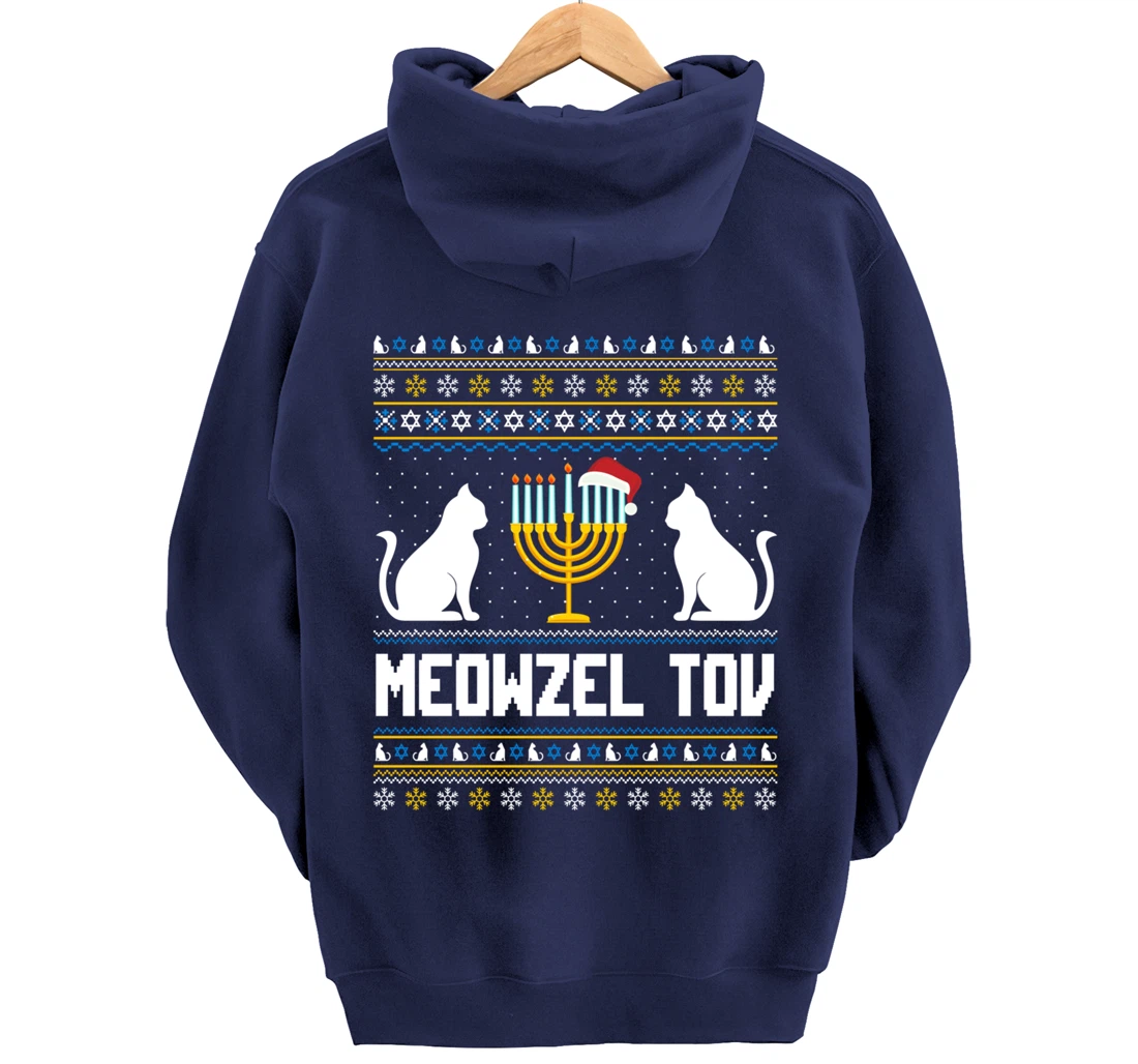 Funny Ugly Hanukkah Sweater Meowzel Tov Chanukah Jewish Cat Pullover Hoodie
