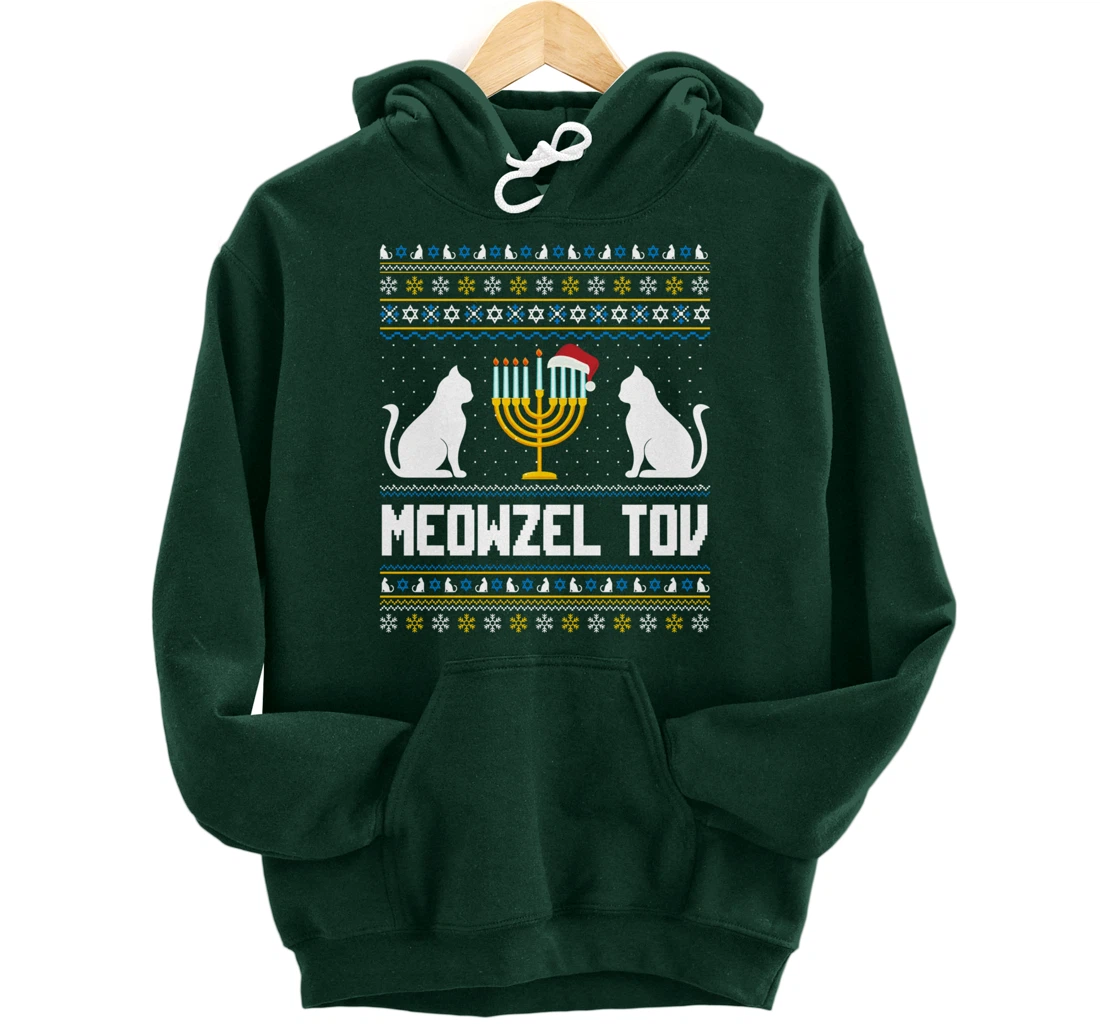 Funny Ugly Hanukkah Sweater Meowzel Tov Chanukah Jewish Cat Pullover Hoodie