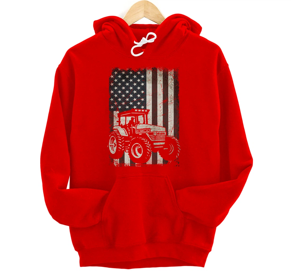 Farm Tractors American Flag Vintage Tennis Farming Gifts Men Pullover Hoodie