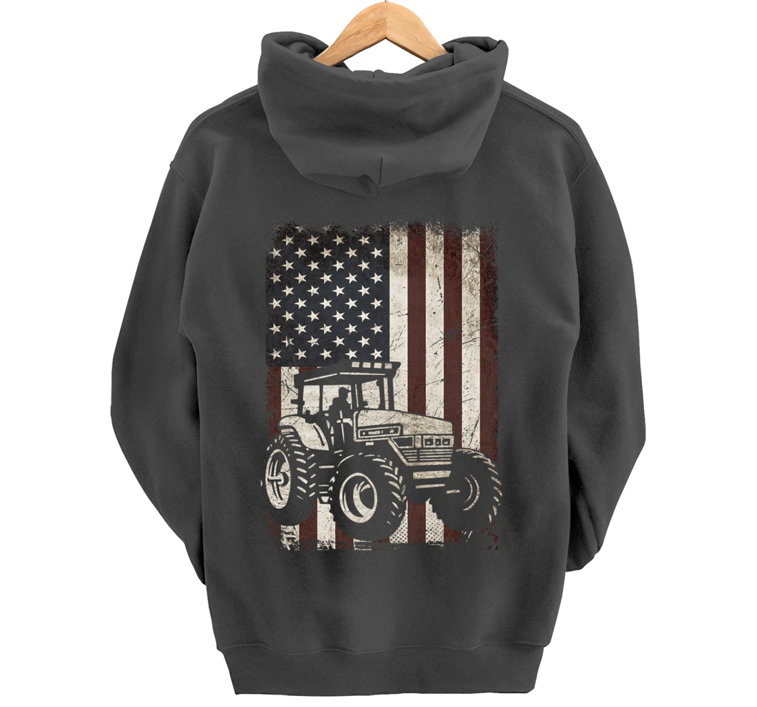 Farm Tractors American Flag Vintage Tennis Farming Gifts Men Pullover Hoodie