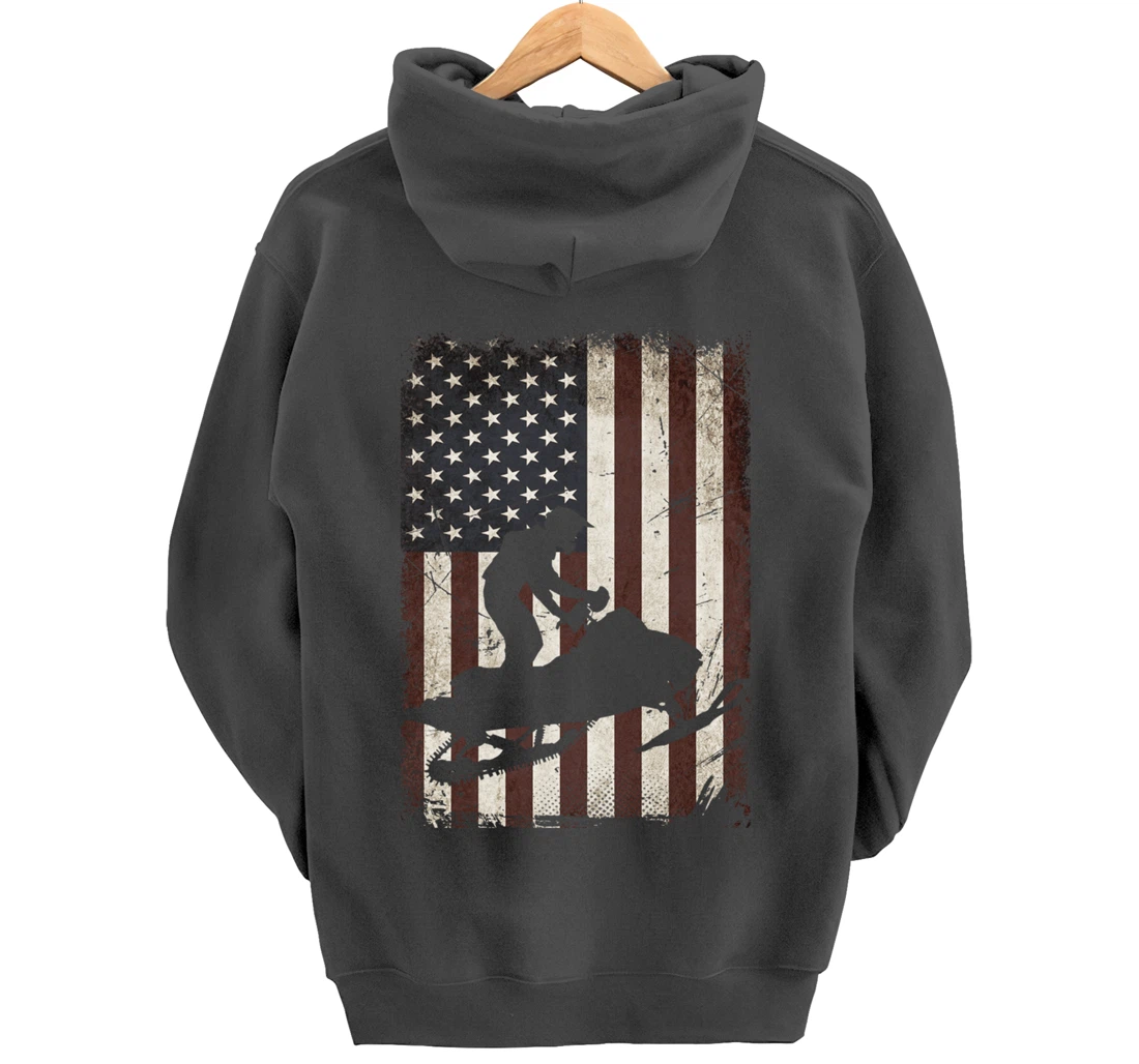 Snowmobiling American Flag Vintage Snowmobile Rider Gift Men Pullover Hoodie