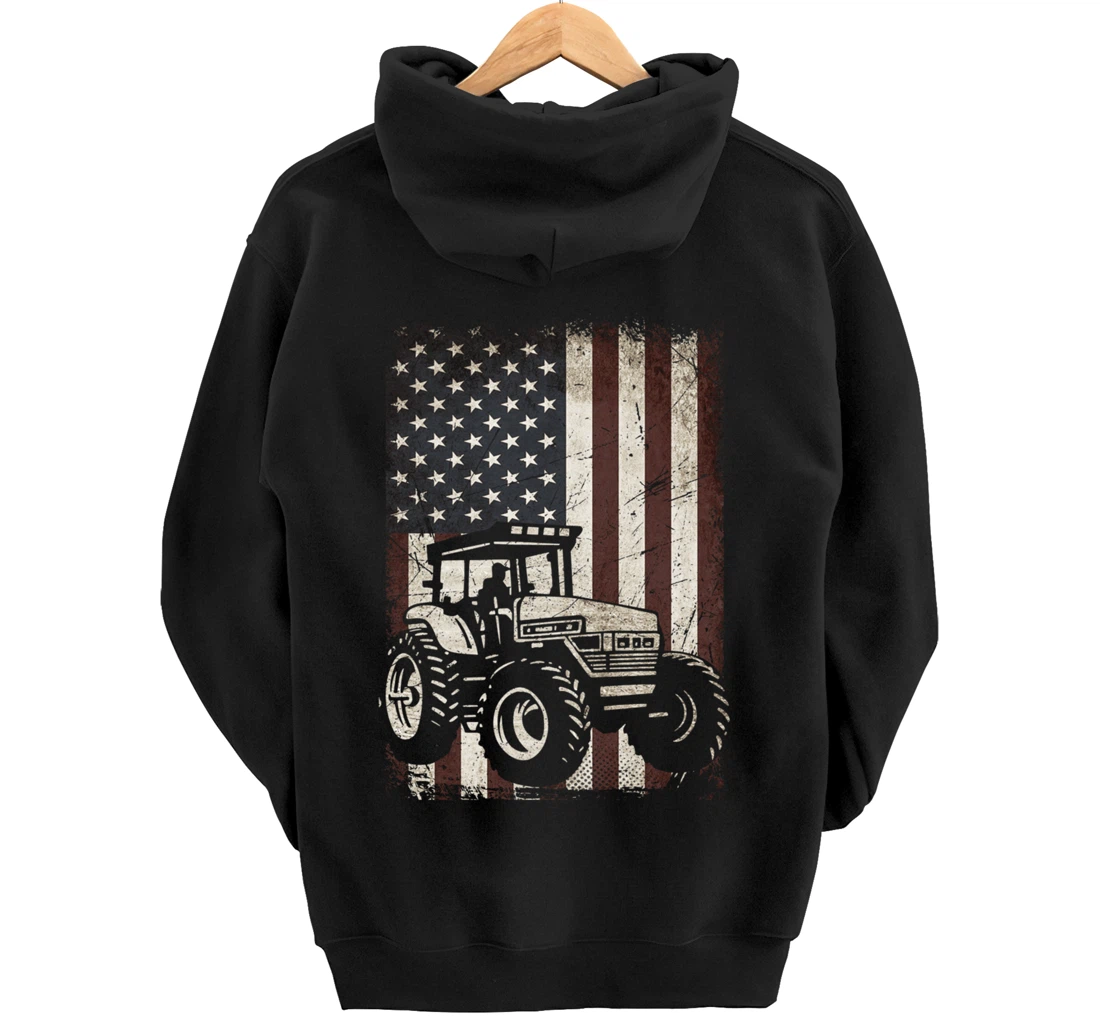 Farm Tractors American Flag Vintage Tennis Farming Gifts Men Pullover Hoodie