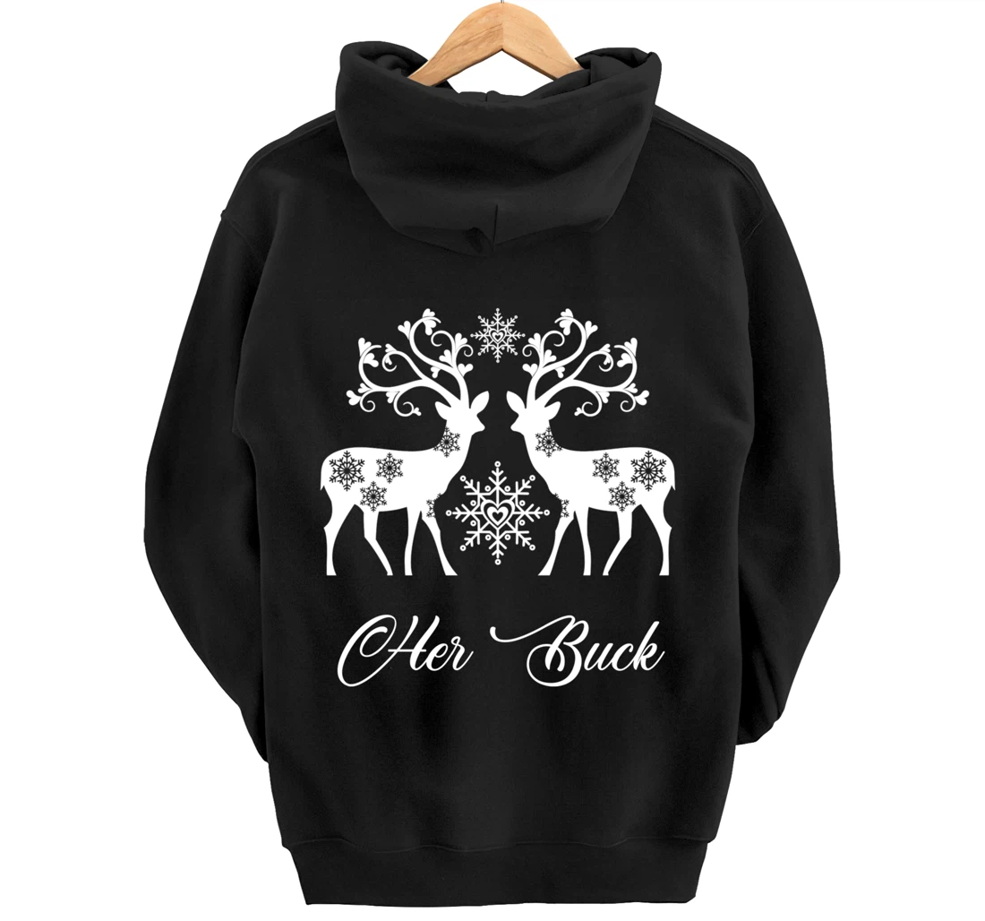 Her Buck His Doe Reindeer Xmas Pajamas Matching Couples Fun Pullover Hoodie