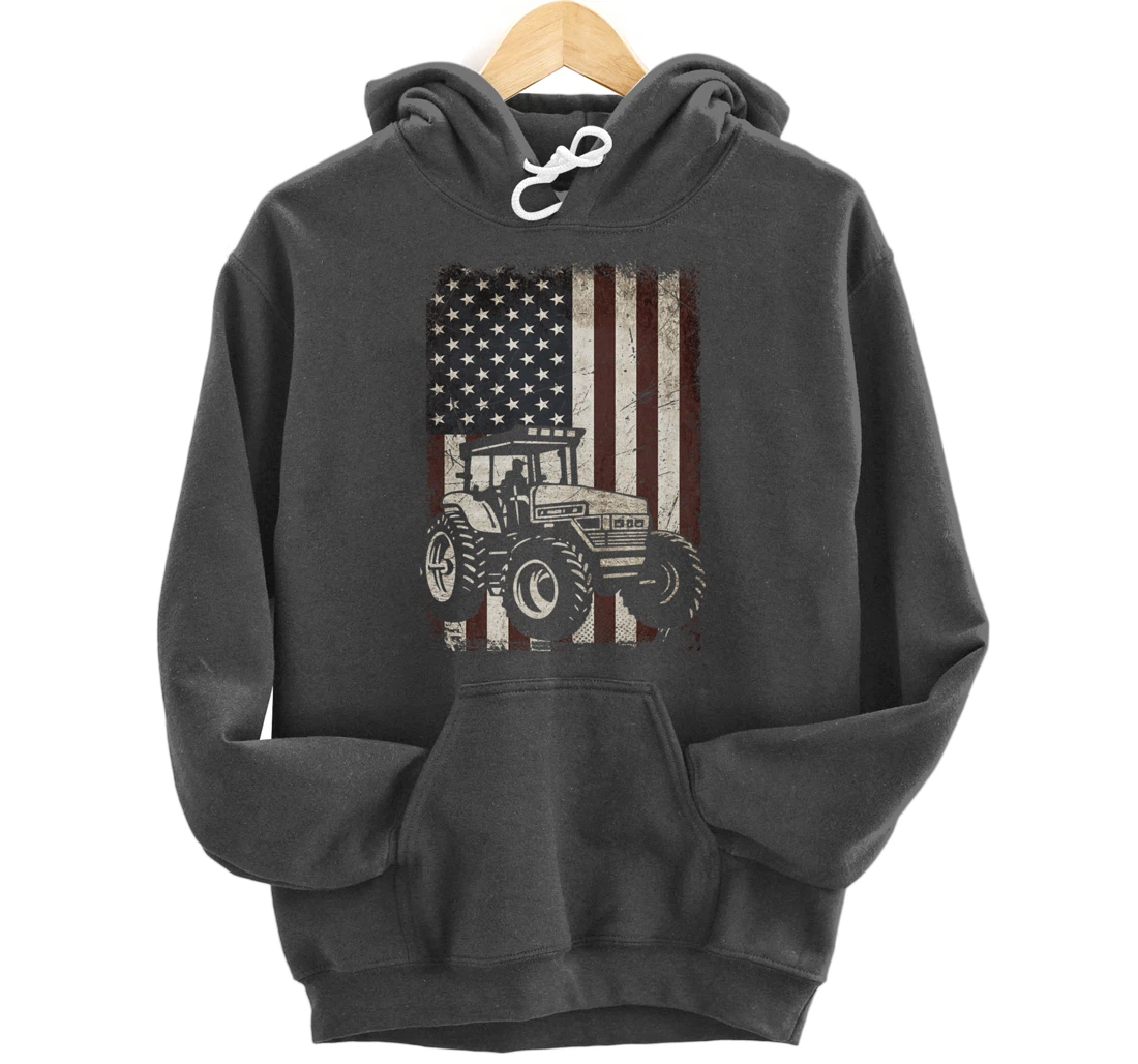 Farm Tractors American Flag Vintage Tennis Farming Gifts Men Pullover Hoodie