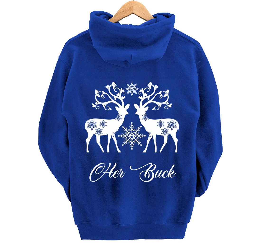 Her Buck His Doe Reindeer Xmas Pajamas Matching Couples Fun Pullover Hoodie