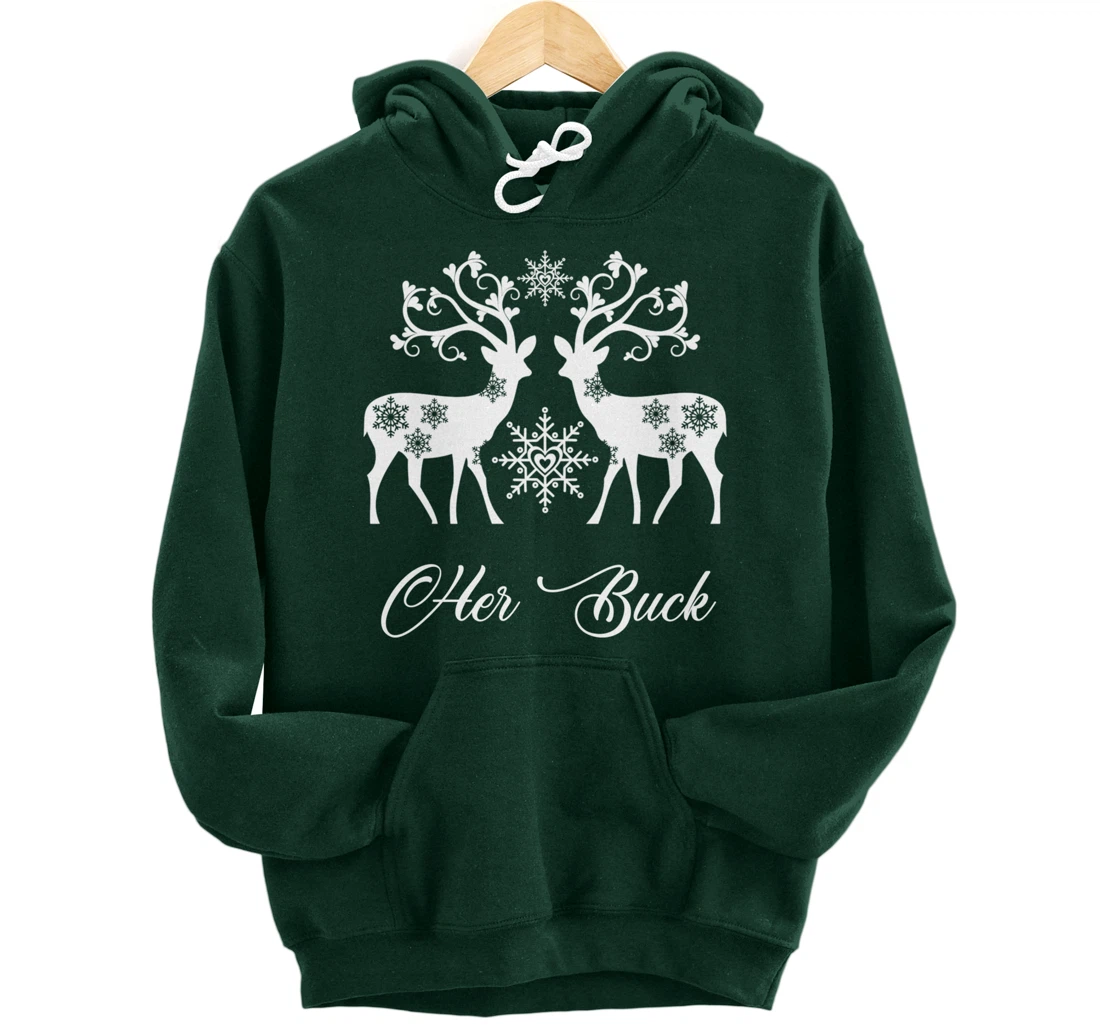 Her Buck His Doe Reindeer Xmas Pajamas Matching Couples Fun Pullover Hoodie