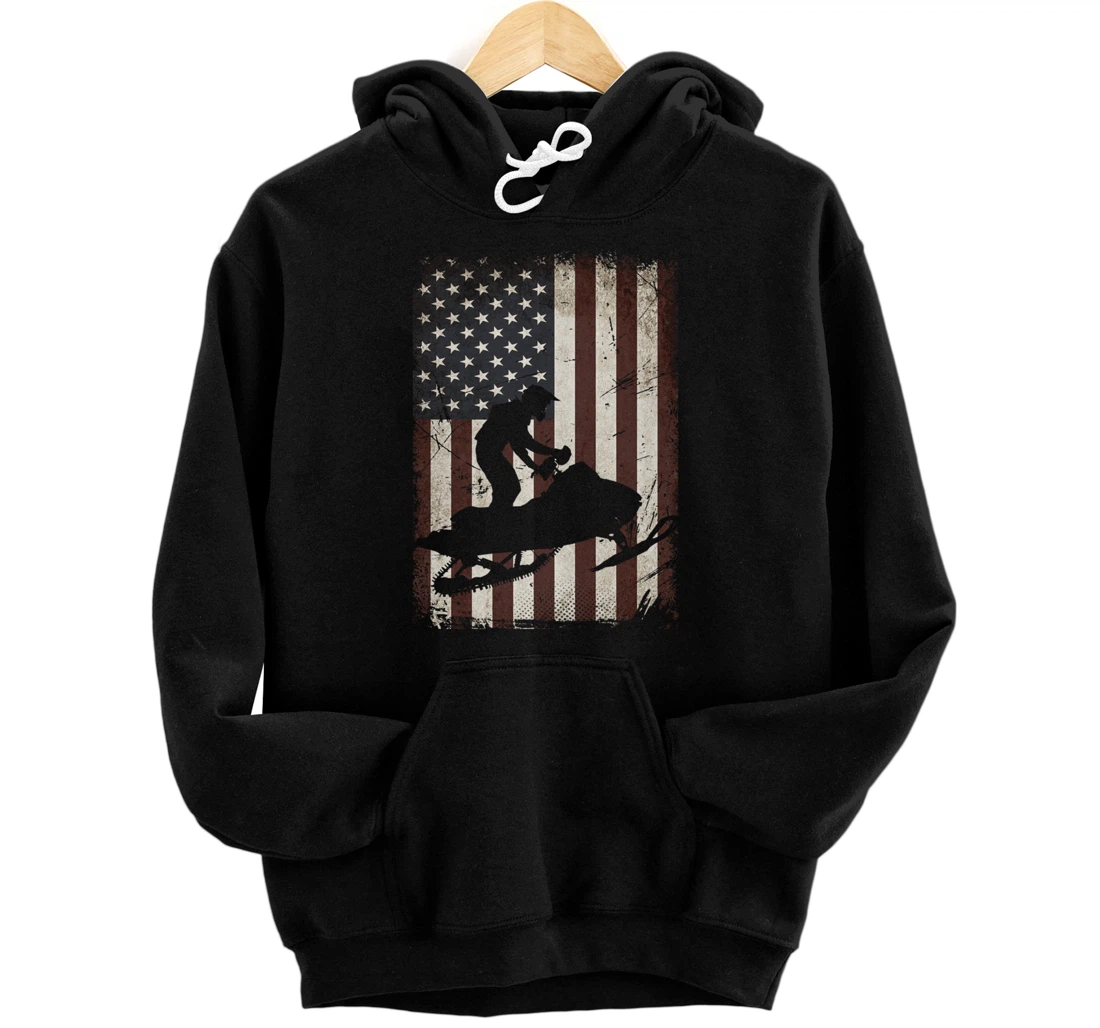 Snowmobiling American Flag Vintage Snowmobile Rider Gift Men Pullover Hoodie