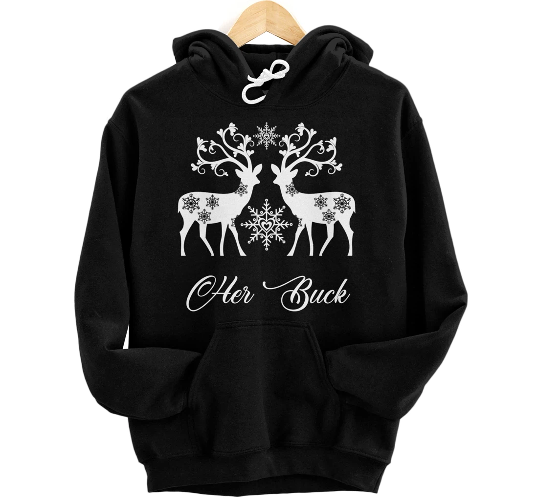 Her Buck His Doe Reindeer Xmas Pajamas Matching Couples Fun Pullover Hoodie