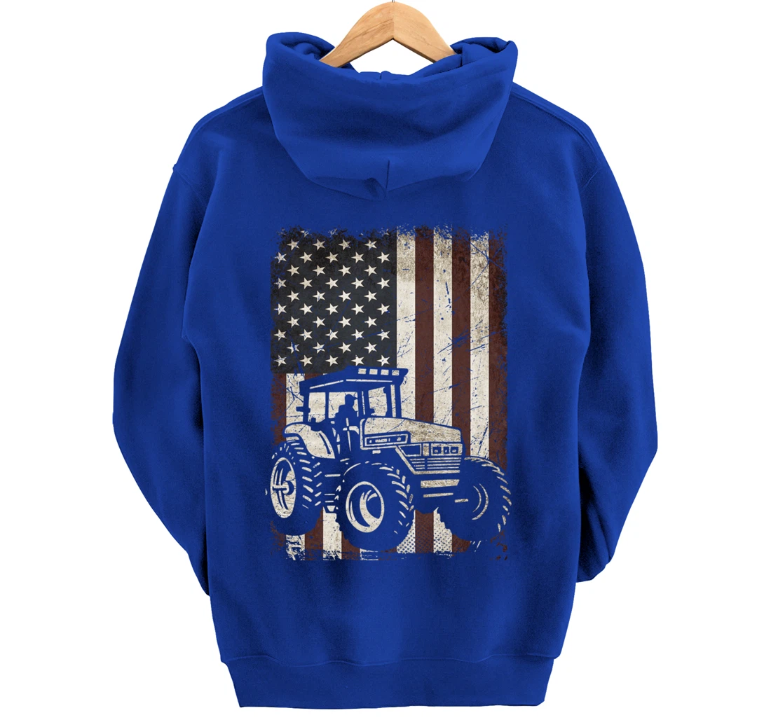 Farm Tractors American Flag Vintage Tennis Farming Gifts Men Pullover Hoodie