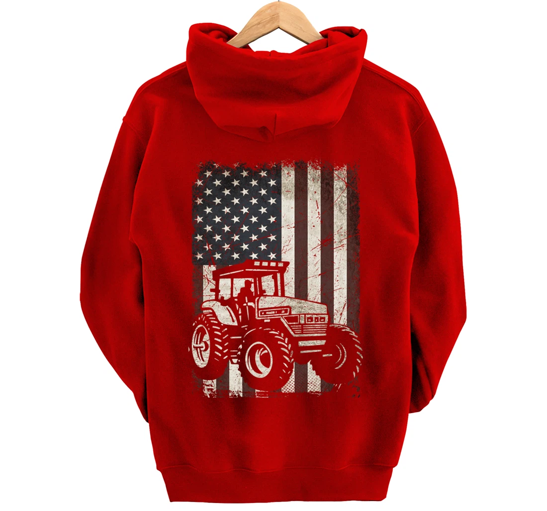 Farm Tractors American Flag Vintage Tennis Farming Gifts Men Pullover Hoodie
