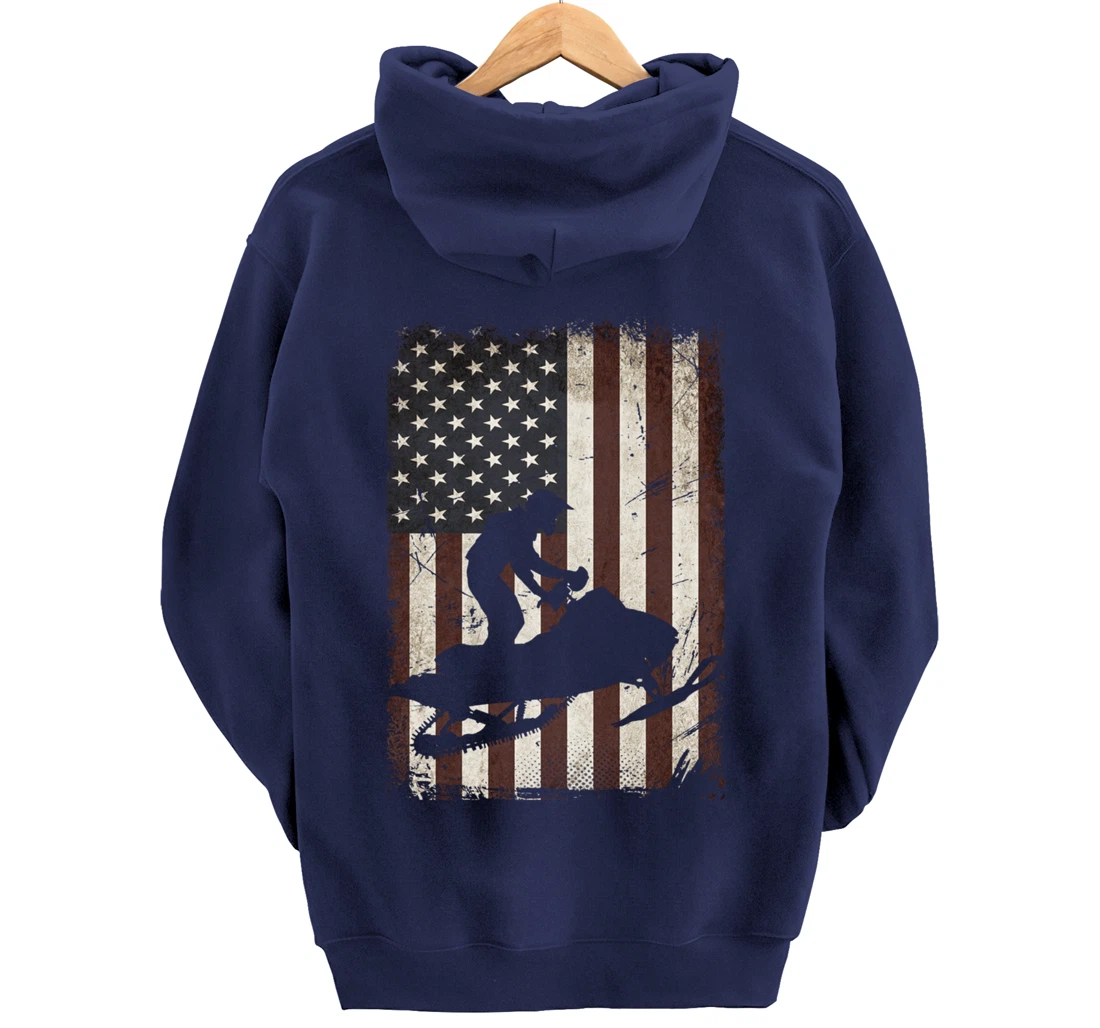 Snowmobiling American Flag Vintage Snowmobile Rider Gift Men Pullover Hoodie