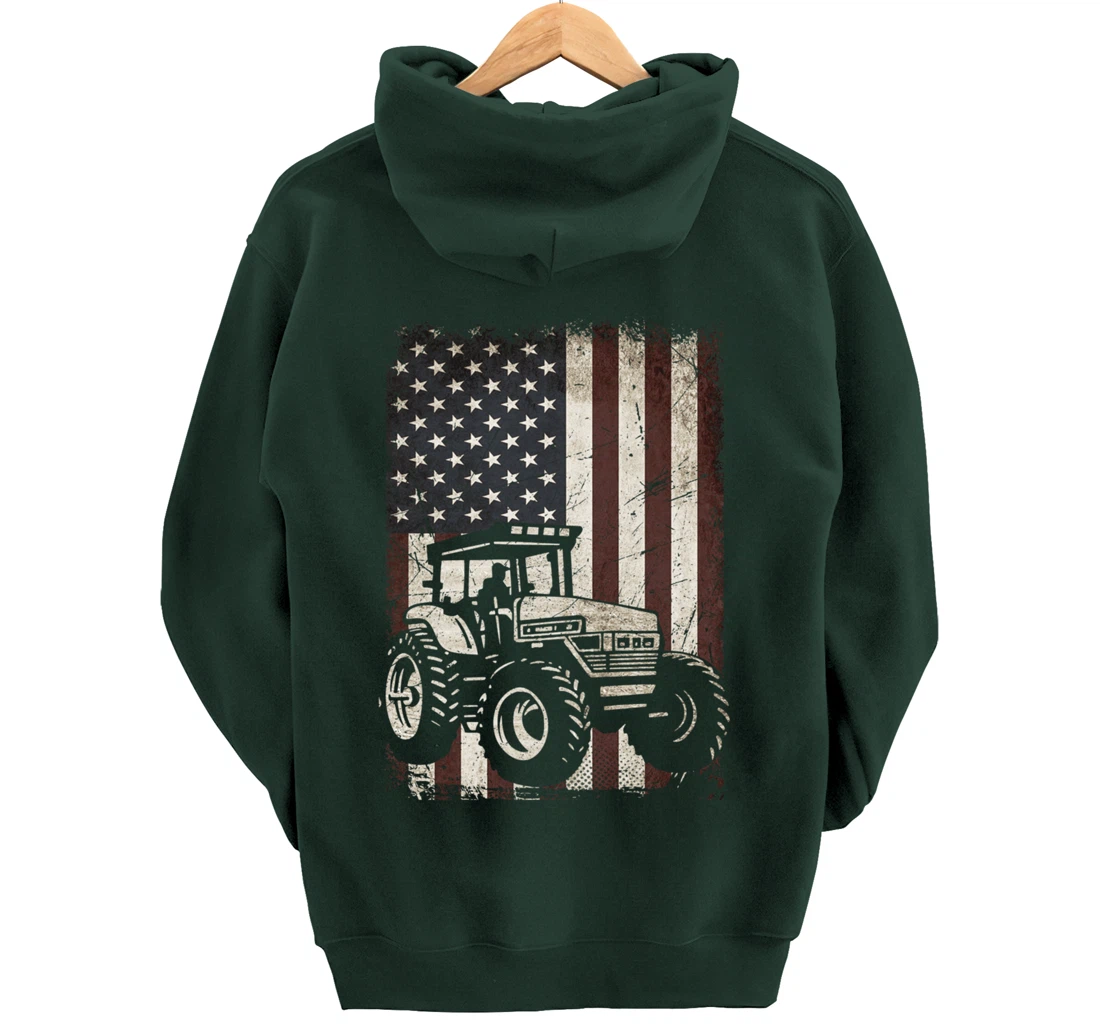 Farm Tractors American Flag Vintage Tennis Farming Gifts Men Pullover Hoodie