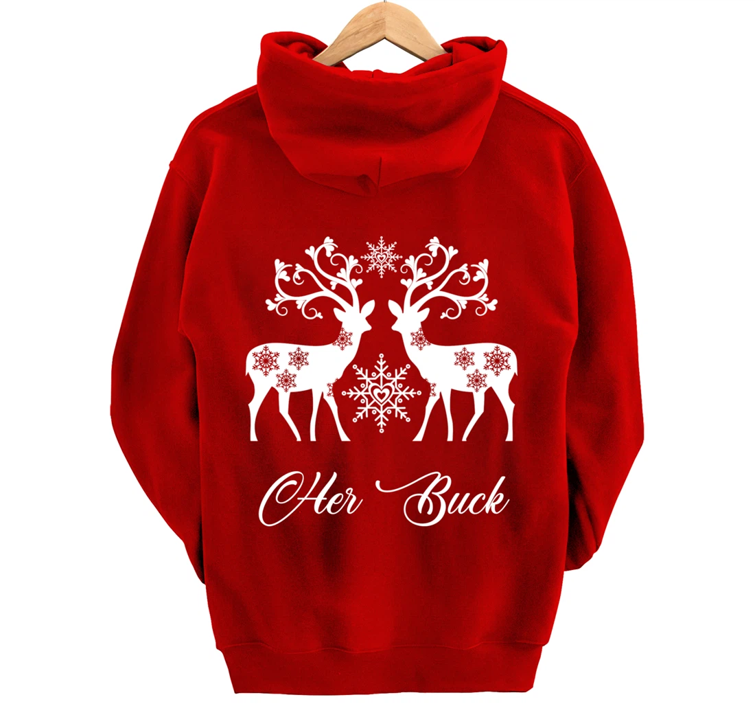 Her Buck His Doe Reindeer Xmas Pajamas Matching Couples Fun Pullover Hoodie