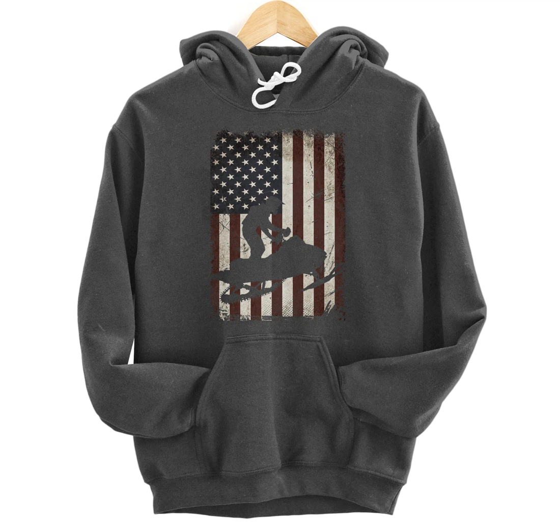 Snowmobiling American Flag Vintage Snowmobile Rider Gift Men Pullover Hoodie
