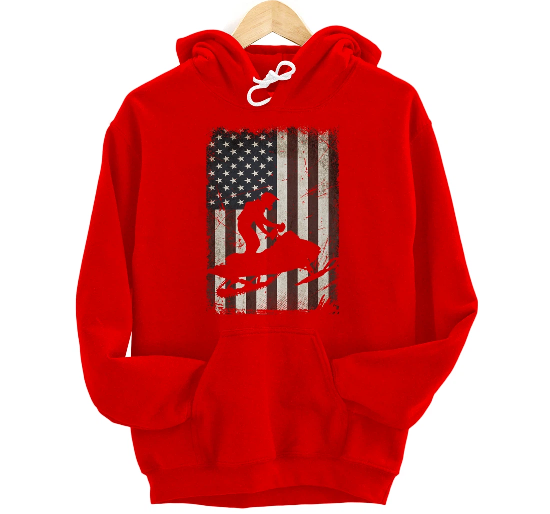 Snowmobiling American Flag Vintage Snowmobile Rider Gift Men Pullover Hoodie
