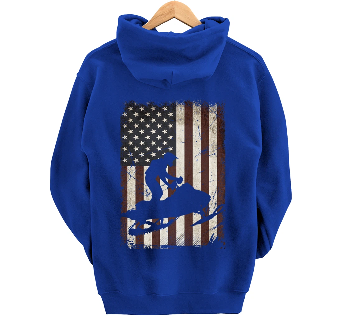 Snowmobiling American Flag Vintage Snowmobile Rider Gift Men Pullover Hoodie