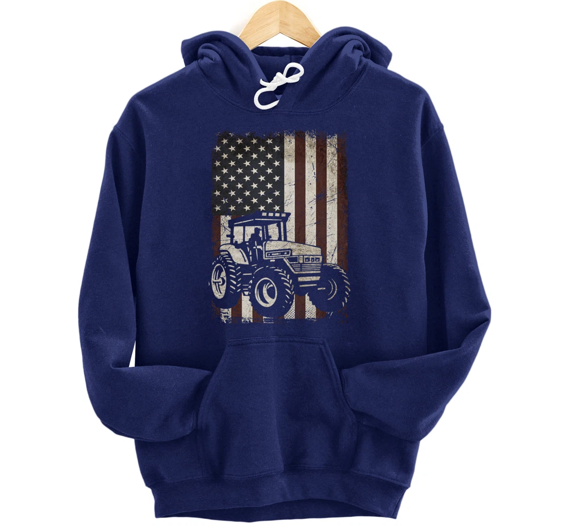 Farm Tractors American Flag Vintage Tennis Farming Gifts Men Pullover Hoodie