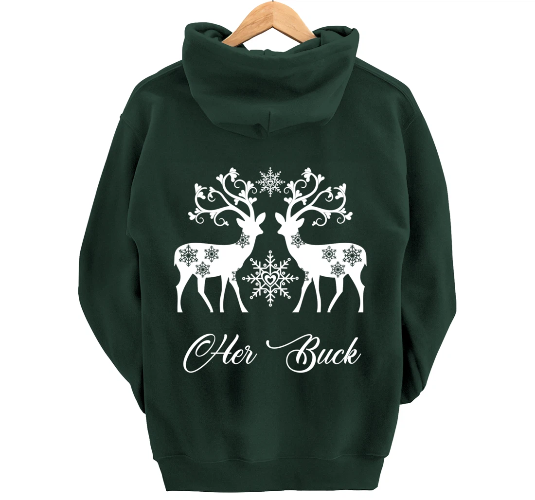 Her Buck His Doe Reindeer Xmas Pajamas Matching Couples Fun Pullover Hoodie