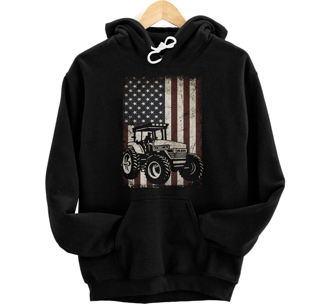Farm Tractors American Flag Vintage Tennis Farming Gifts Men Pullover Hoodie