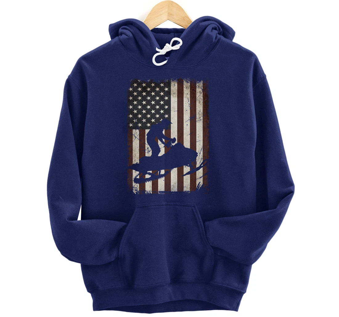 Snowmobiling American Flag Vintage Snowmobile Rider Gift Men Pullover Hoodie