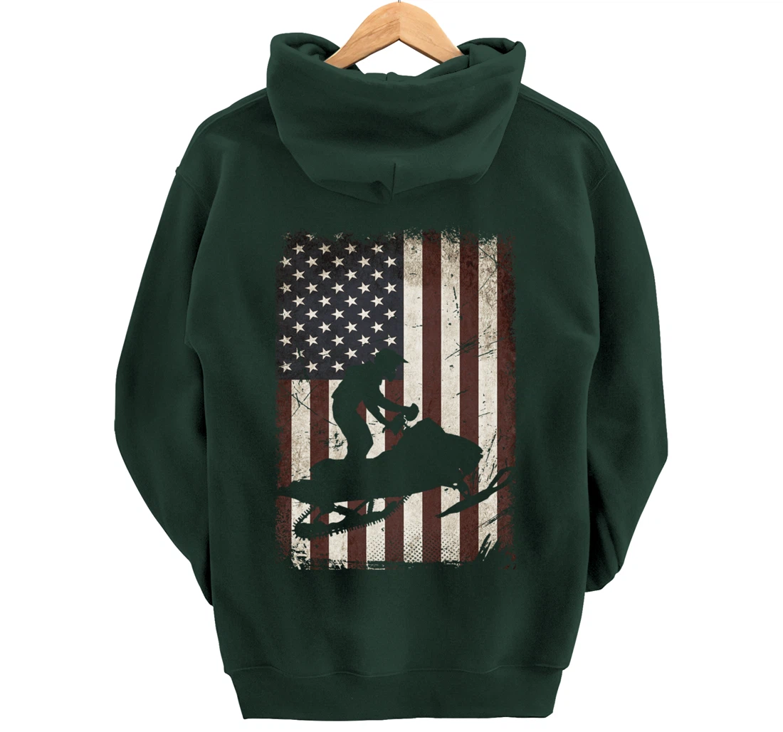 Snowmobiling American Flag Vintage Snowmobile Rider Gift Men Pullover Hoodie