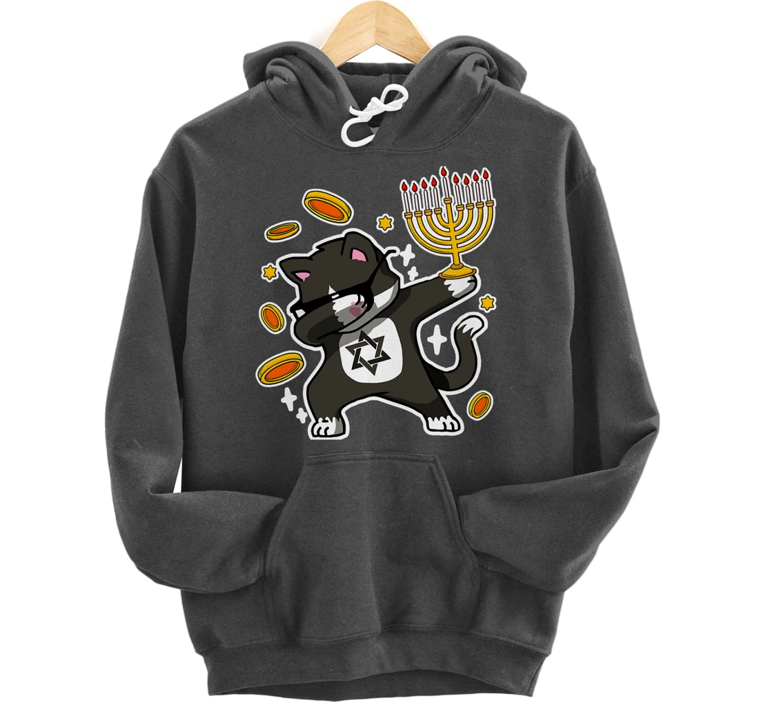 Happy Hanukkah Dabbing Tuxedo Cat Xmas Ugly Funny Pajamas Pullover Hoodie