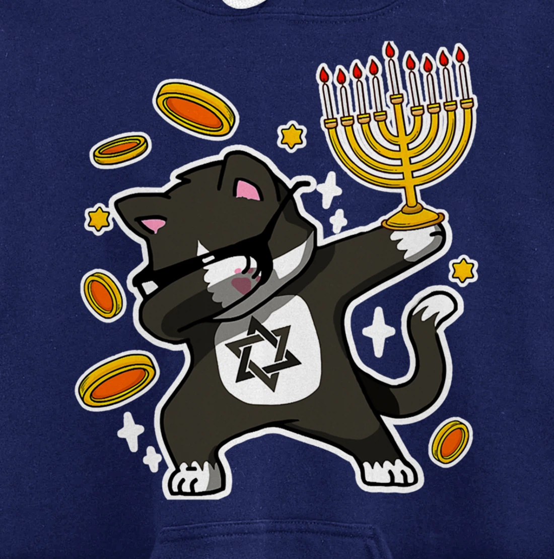 Happy Hanukkah Dabbing Tuxedo Cat Xmas Ugly Funny Pajamas Pullover Hoodie
