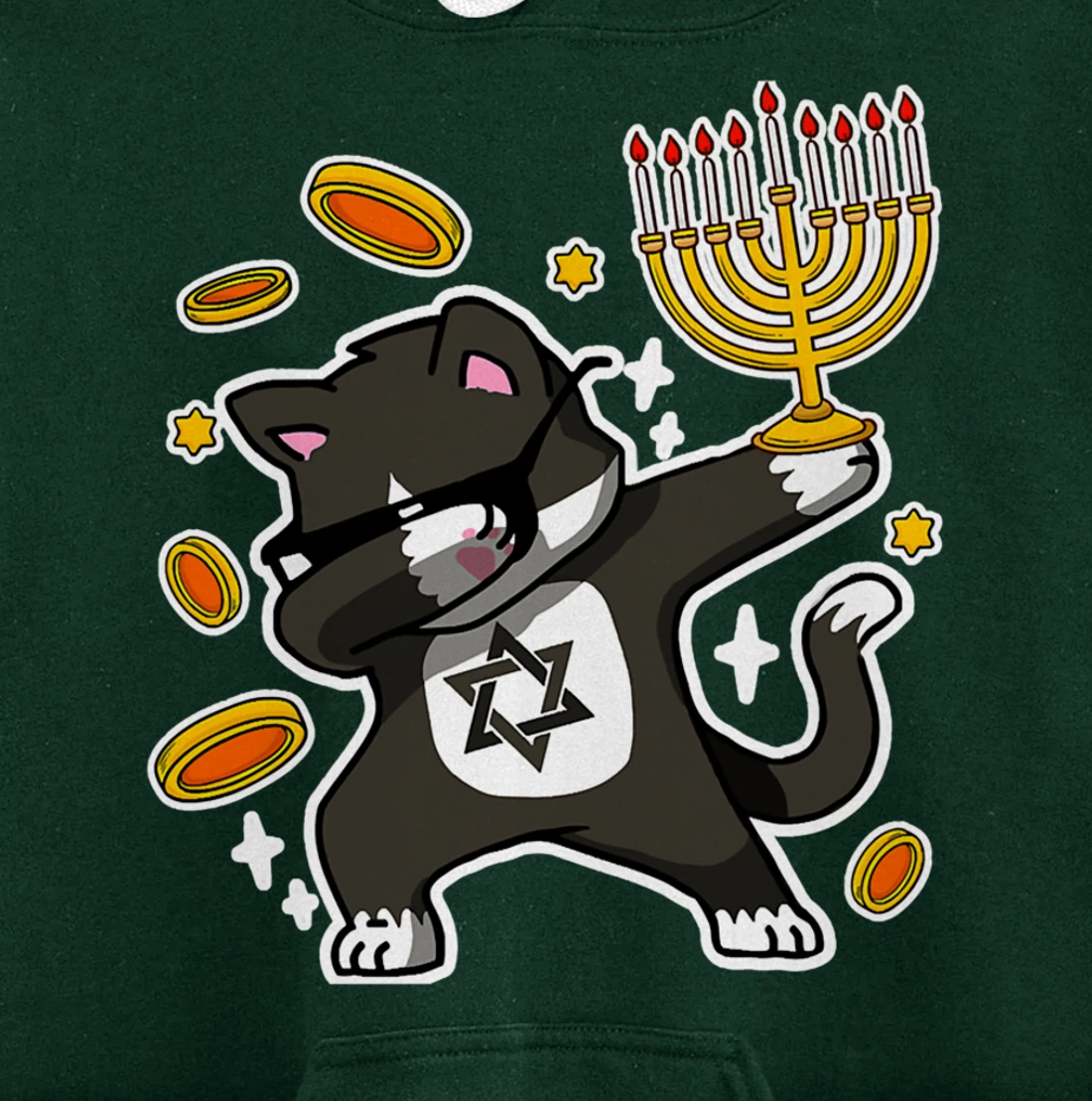 Happy Hanukkah Dabbing Tuxedo Cat Xmas Ugly Funny Pajamas Pullover Hoodie