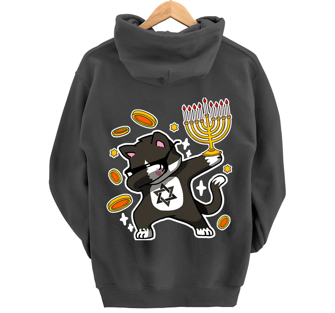 Happy Hanukkah Dabbing Tuxedo Cat Xmas Ugly Funny Pajamas Pullover Hoodie
