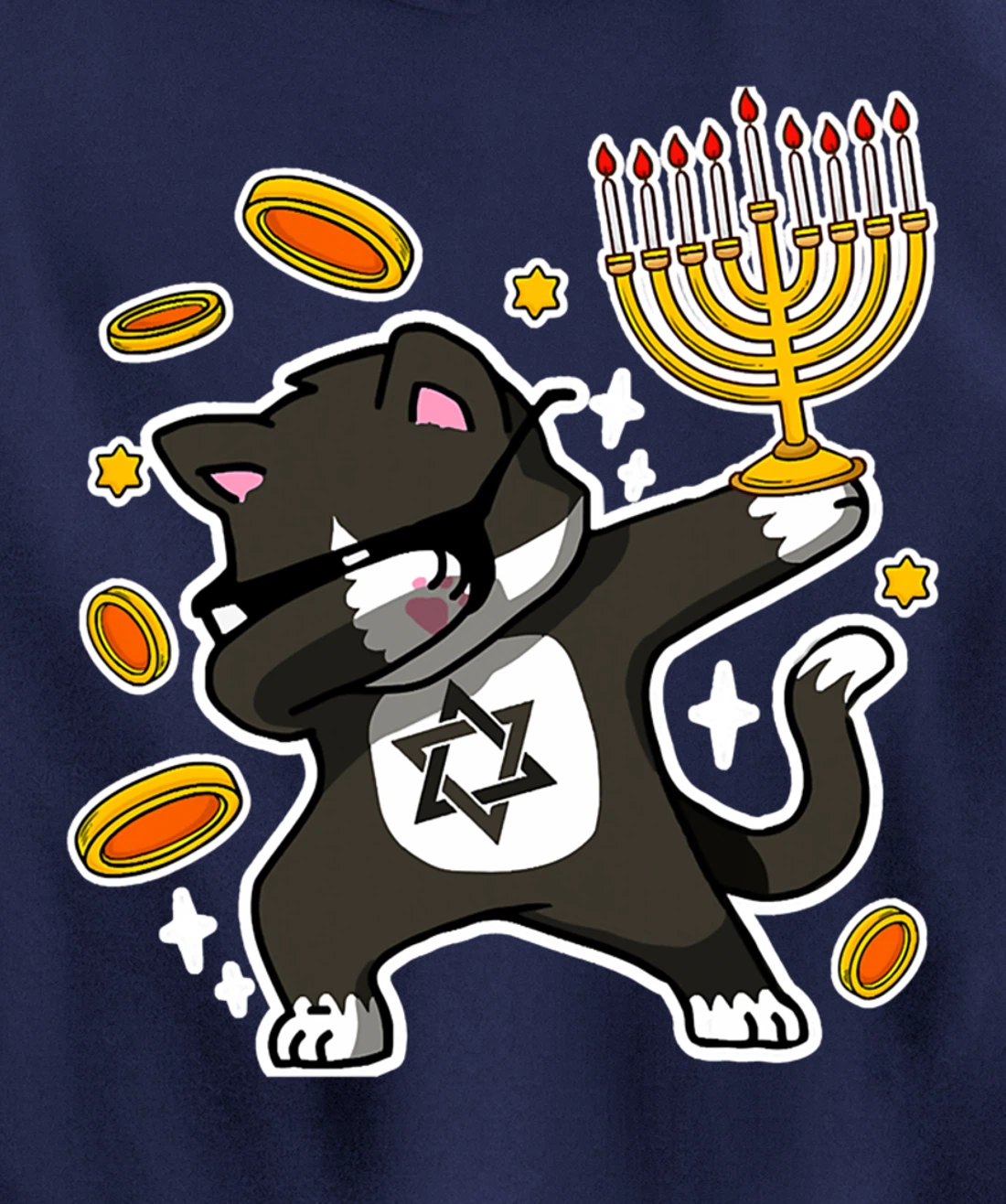 Happy Hanukkah Dabbing Tuxedo Cat Xmas Ugly Funny Pajamas Pullover Hoodie