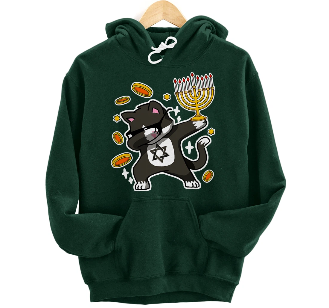 Happy Hanukkah Dabbing Tuxedo Cat Xmas Ugly Funny Pajamas Pullover Hoodie