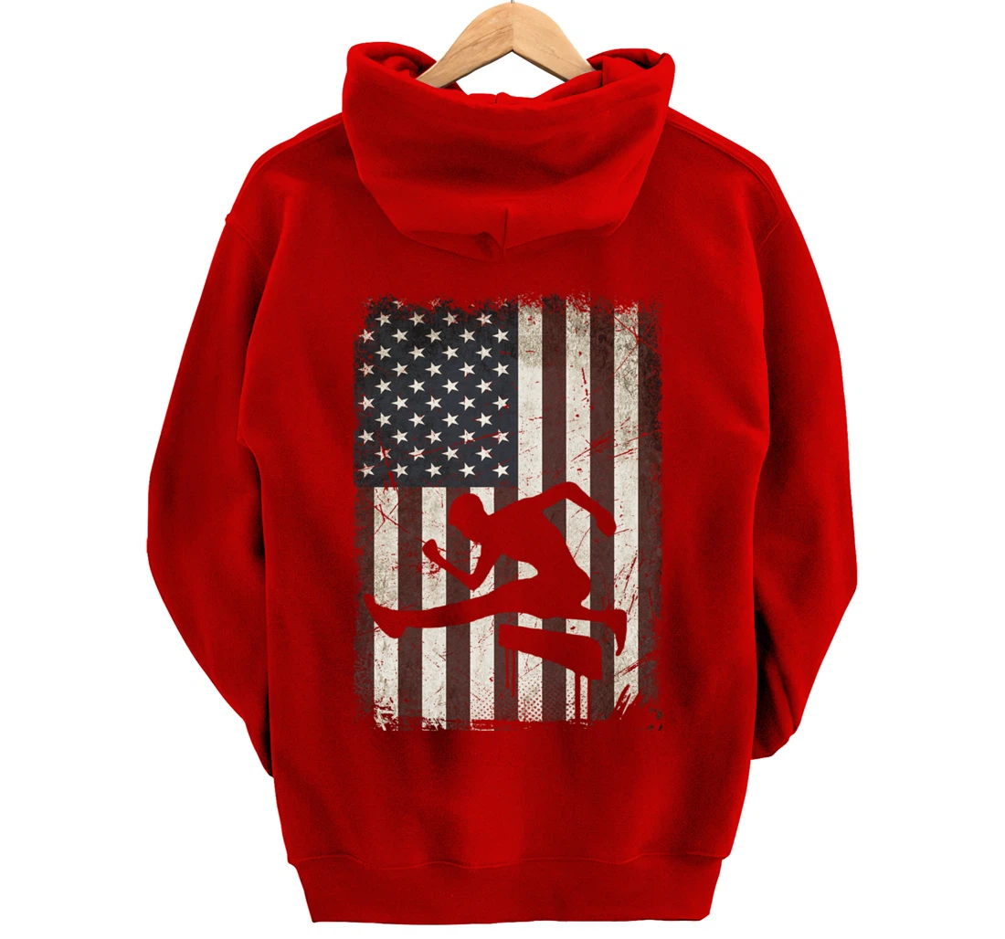 Track and Field Player American Flag Vintage Hurdles Gifts Pullover Hoodie