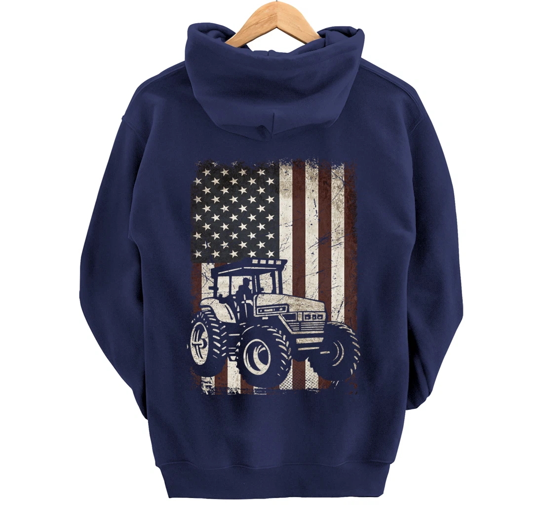 Farm Tractors American Flag Vintage Tennis Farming Gifts Men Pullover Hoodie
