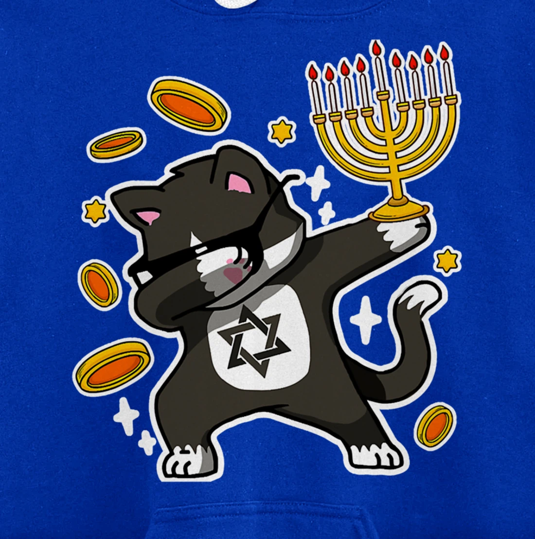 Happy Hanukkah Dabbing Tuxedo Cat Xmas Ugly Funny Pajamas Pullover Hoodie