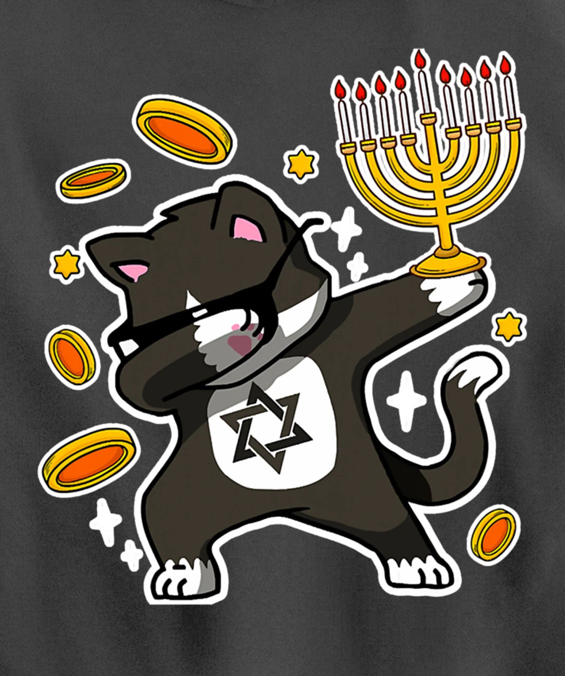 Happy Hanukkah Dabbing Tuxedo Cat Xmas Ugly Funny Pajamas Pullover Hoodie