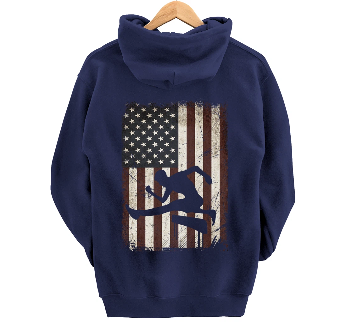 Track and Field Player American Flag Vintage Hurdles Gifts Pullover Hoodie