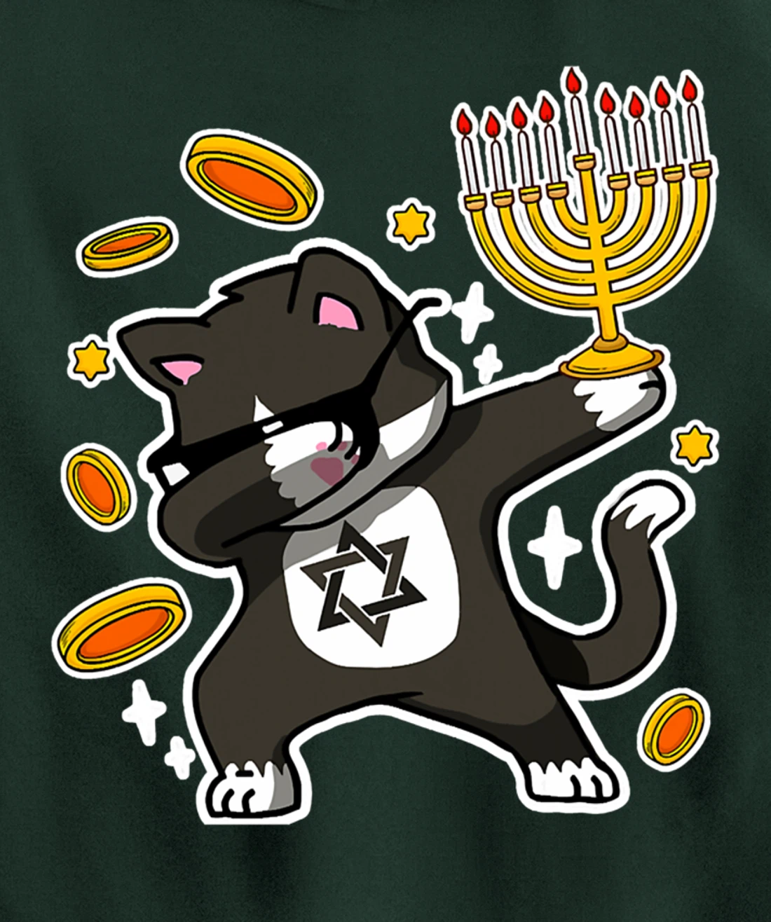 Happy Hanukkah Dabbing Tuxedo Cat Xmas Ugly Funny Pajamas Pullover Hoodie