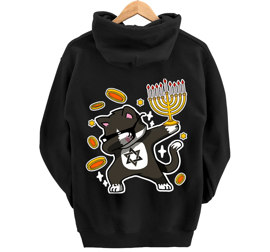 Happy Hanukkah Dabbing Tuxedo Cat Xmas Ugly Funny Pajamas Pullover Hoodie